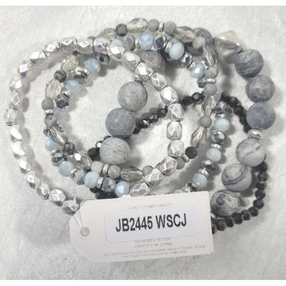 2 Sets of Pomina Stretch Beaded Bracelets - 5 Gray Semi Precious & 4 Gold - NWT